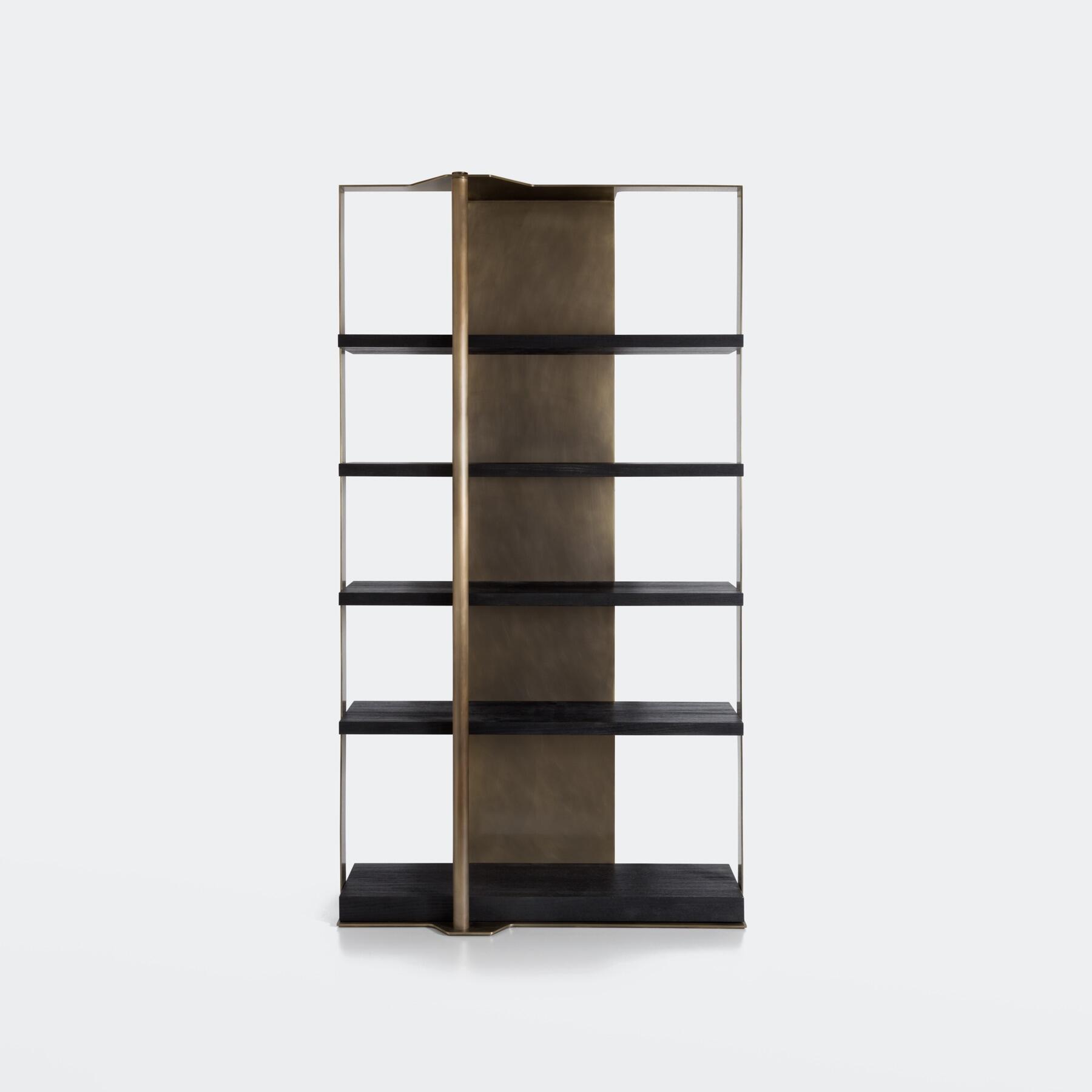 Holt Bookcase, Burnished Brass, Sandblasted Oak True Black