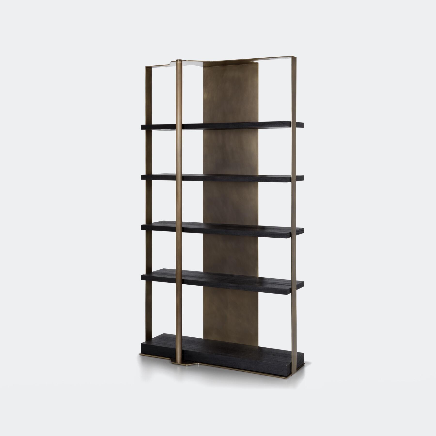 Holt Bookcase, Burnished Brass, Sandblasted Oak True Black