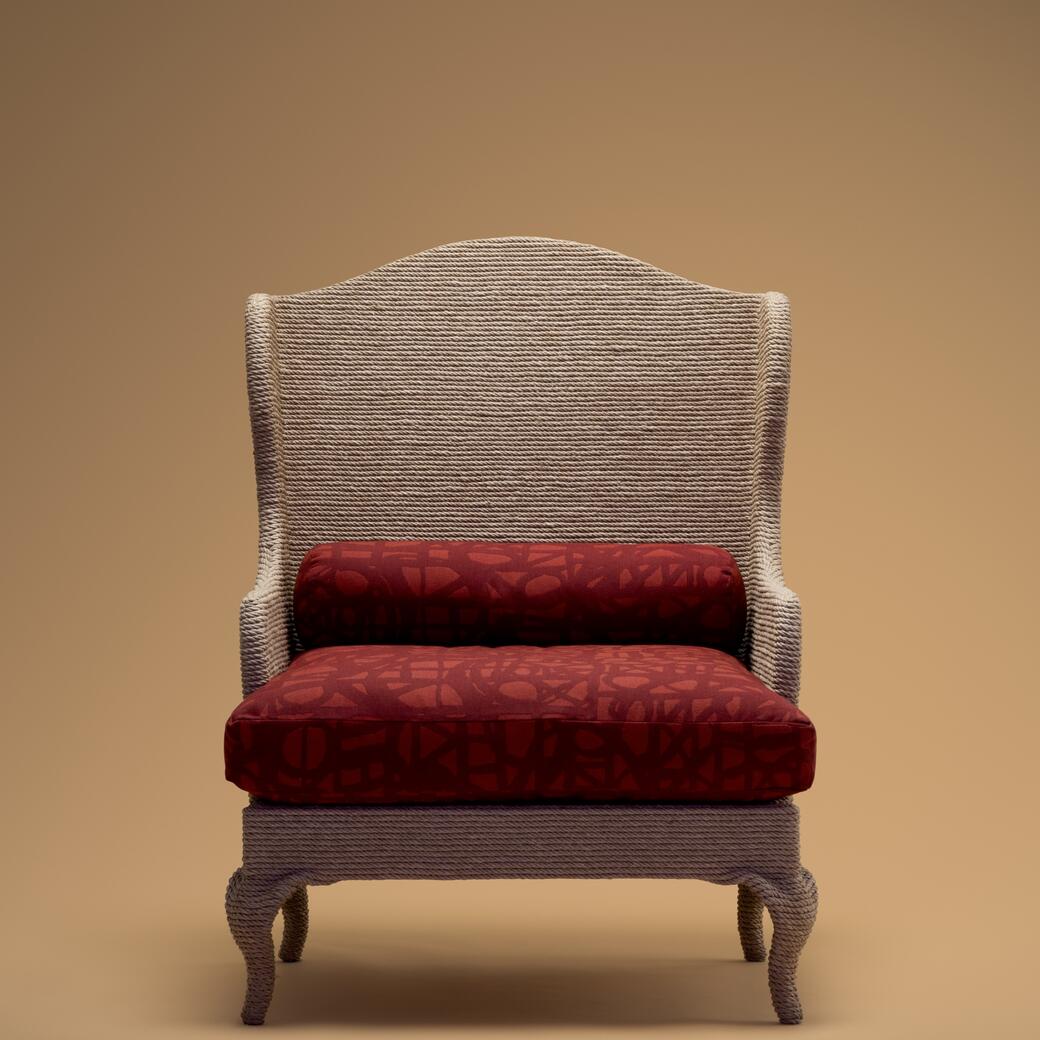Duclou Arm Chair, Natural Hemp, Ecriture: Hot Chili