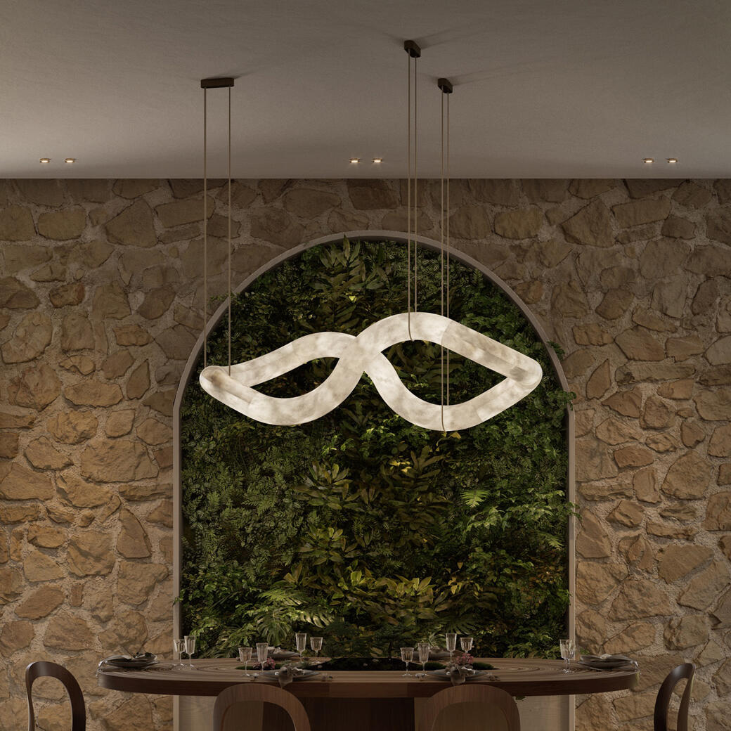 Infinity Hanging Light, Vague, Alabaster Stone, Painted Matte Black Finish, Cream Leather