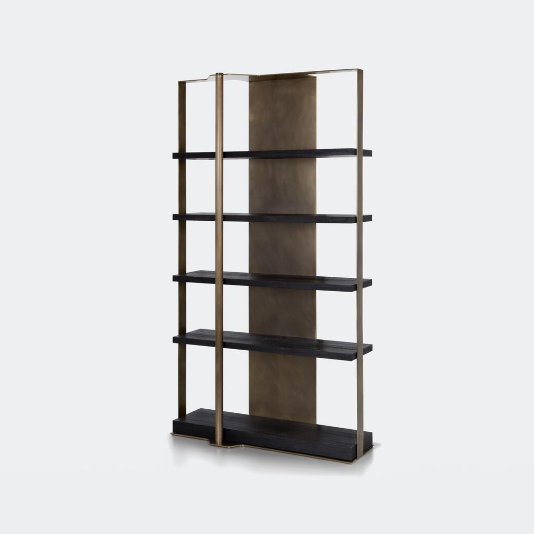 Holt Bookcase, Burnished Brass, Sandblasted Oak True Black