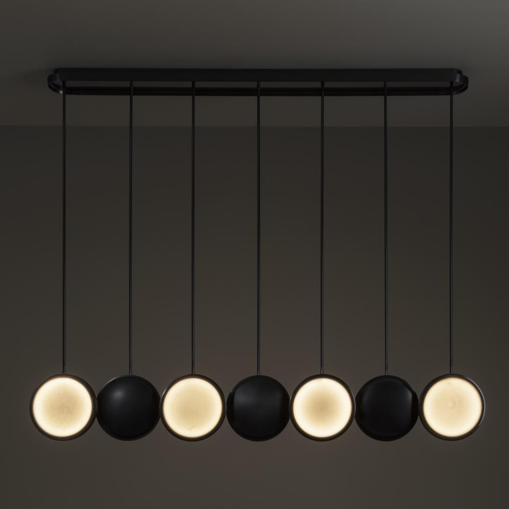 Monos Linear Chandelier, 7 Lens, Statuary Bronze, Alabaster Stone