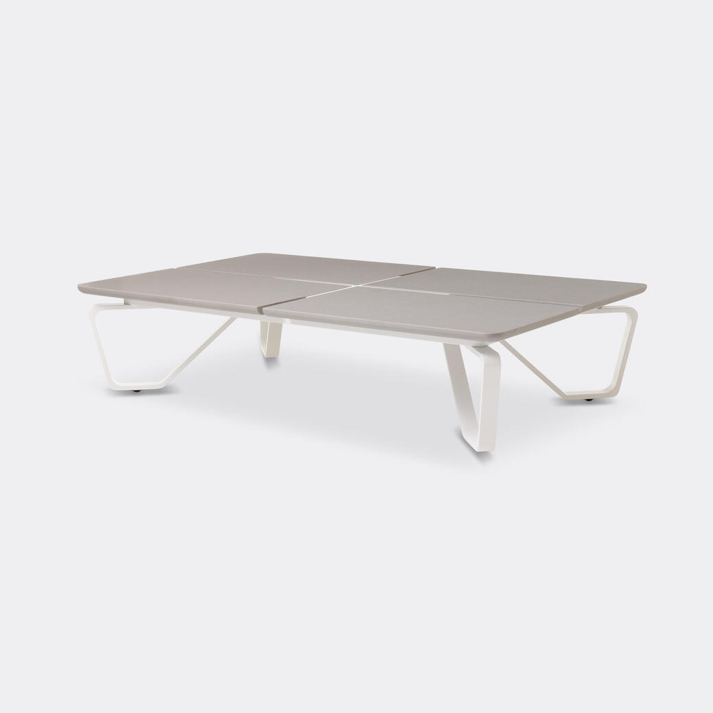 Meduse Rectangular Cocktail Table, Belgium Fog Stone Top, Pearl Anodized Aluminum Frame