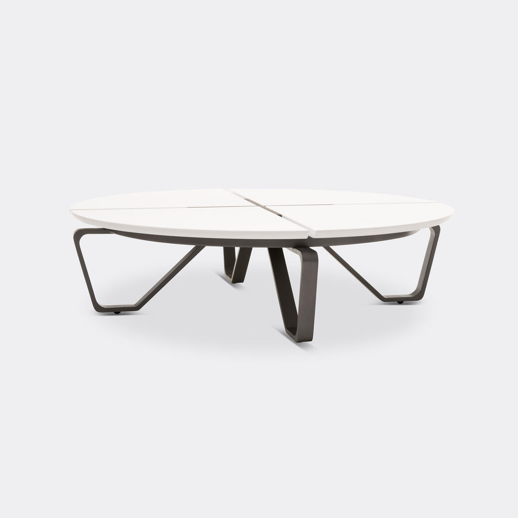 Meduse Round Cocktail Table, Pure White Stone Top, Basalt Anodized Aluminum Frame